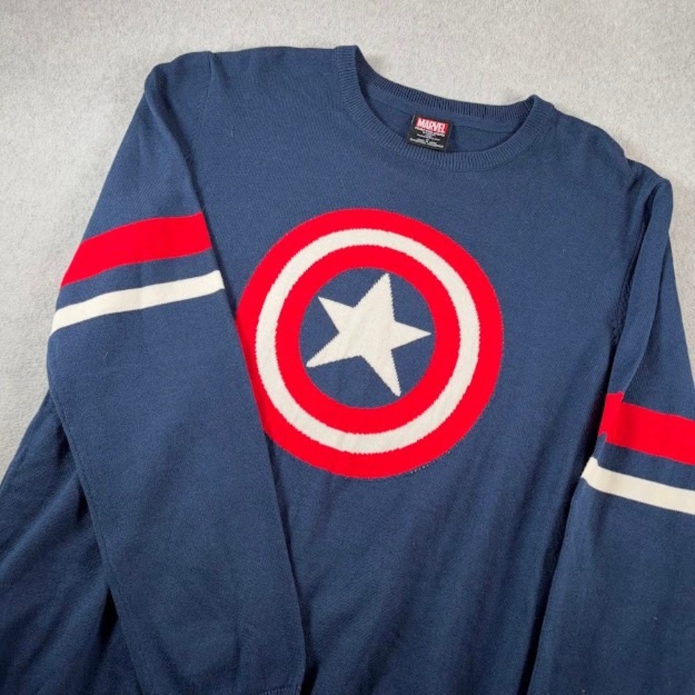 Marvel Captain America Sweater Mens XL Blue Solid Shield Logo Striped Sleeve